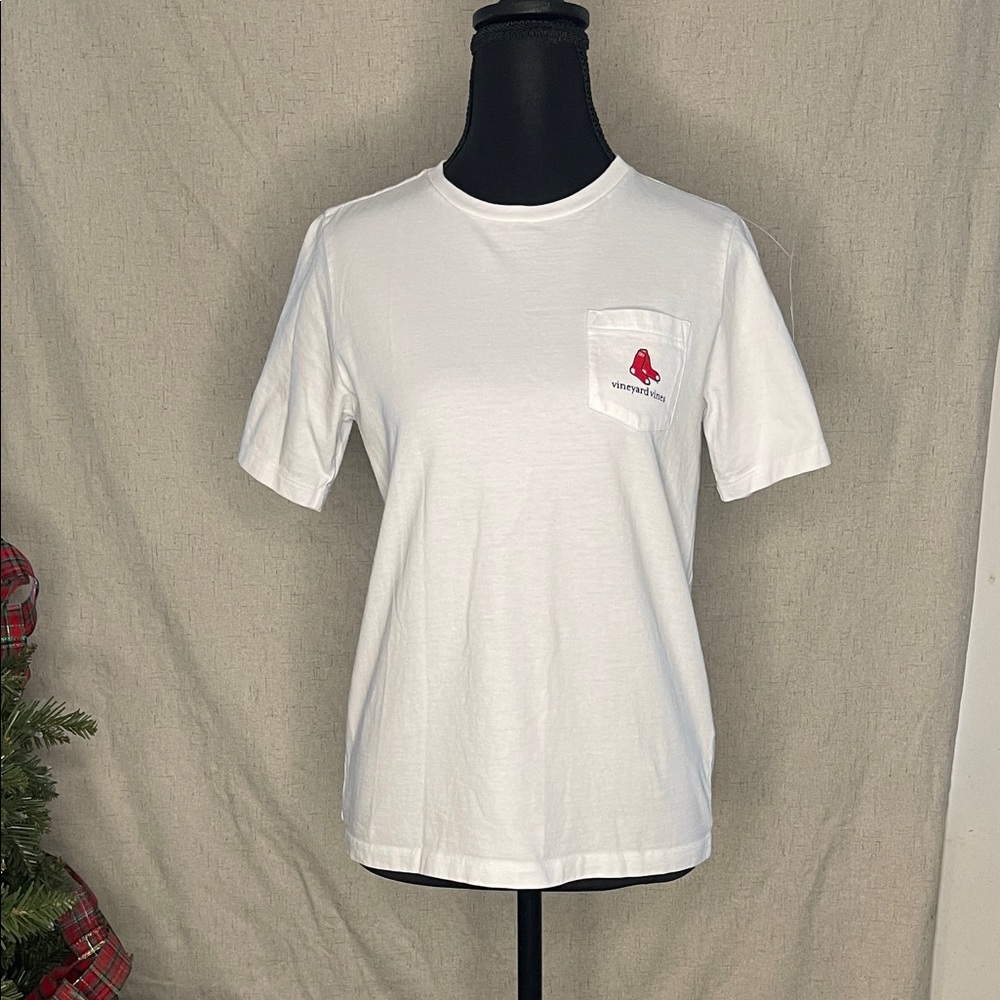 Vineyard Vines White Tee with Boston Red Sox Logo Accent